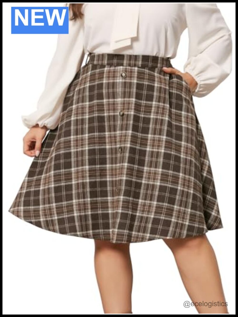 Plus Size Plaid Midi Skirt High Waisted A-Line with Pockets